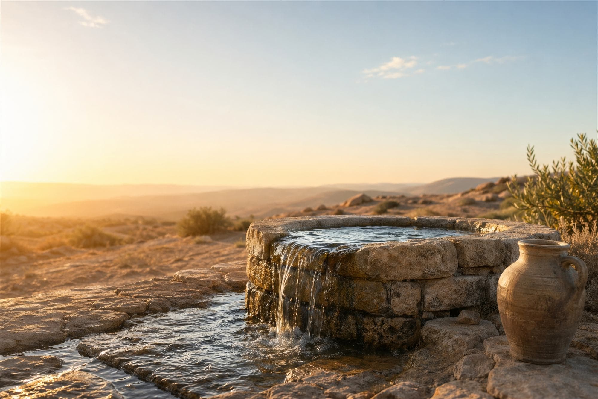 Ancient well under warm sunset sky